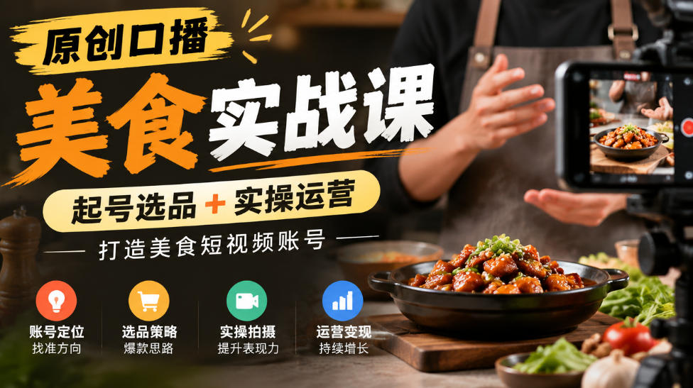 原创口播美食实战课，起号选品+实操运营，打造美食短视频账号 - 福创网
