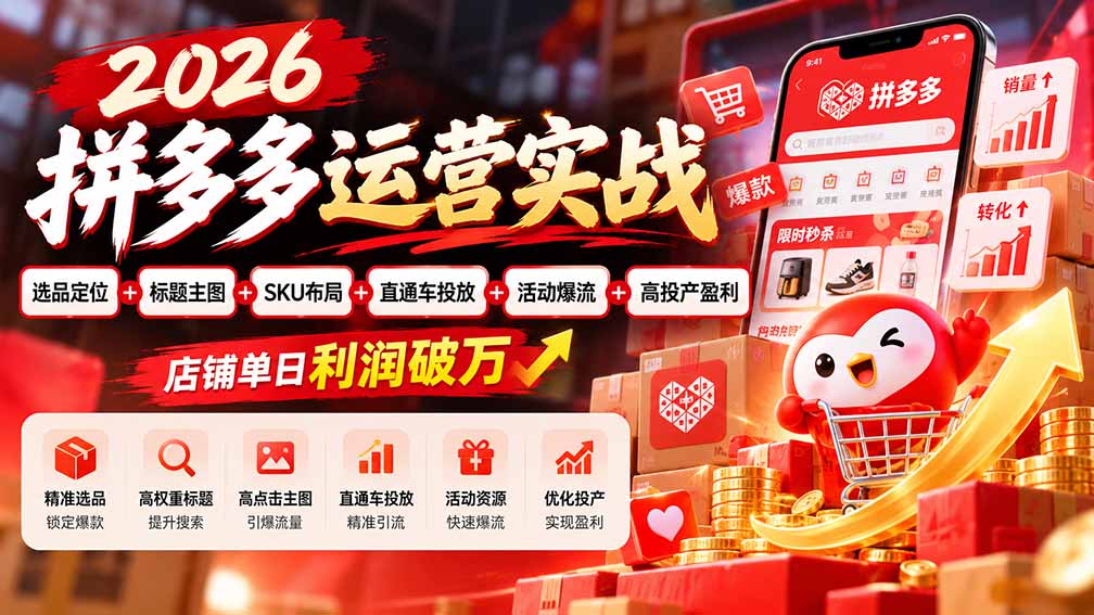 2026拼多多运营实战-更新1002：选品定位+标题主图+SKU布局+直通车投放+活动爆流+高投产盈利 店铺单日利润破万 - 福创网