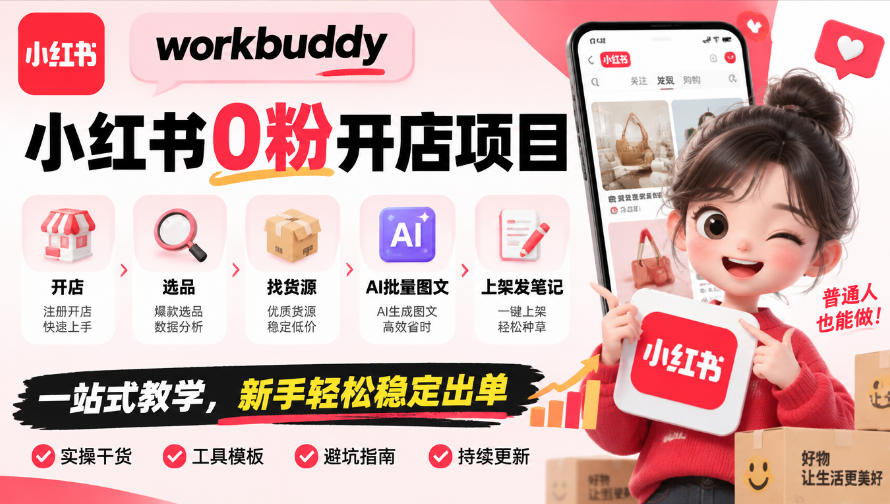 workbuddy小红书0粉开店项目，开店、选品、找货源、AI批量图文、上架发笔记一站式教学，新手轻松稳定出单 - 福创网