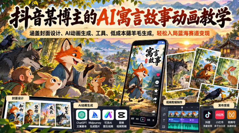 抖音某博主的AI寓言故事动画教学，涵盖封面设计、AI动画生成、工具、低成本薅羊毛生成，轻松入局蓝海赛道变现 - 福创网
