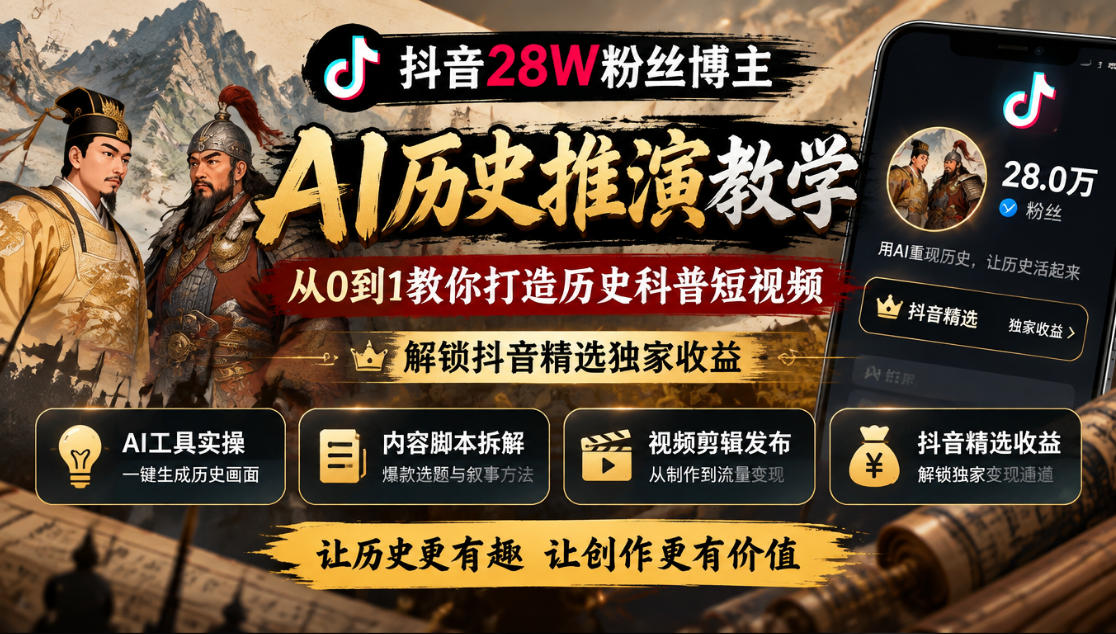 抖音28W粉丝博主的AI历史推演教学，从0到1教你打造历史科普短视频，解锁抖音精选独家收益 - 福创网
