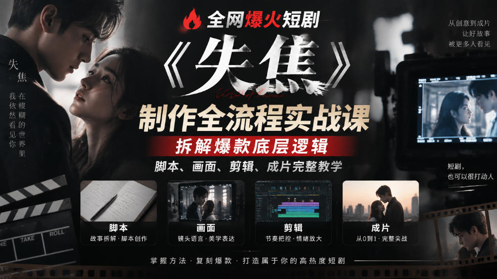 全网爆火短剧《失焦》制作全流程实战课｜拆解爆款底层逻辑，脚本、画面、剪辑、成片完整教学 - 福创网