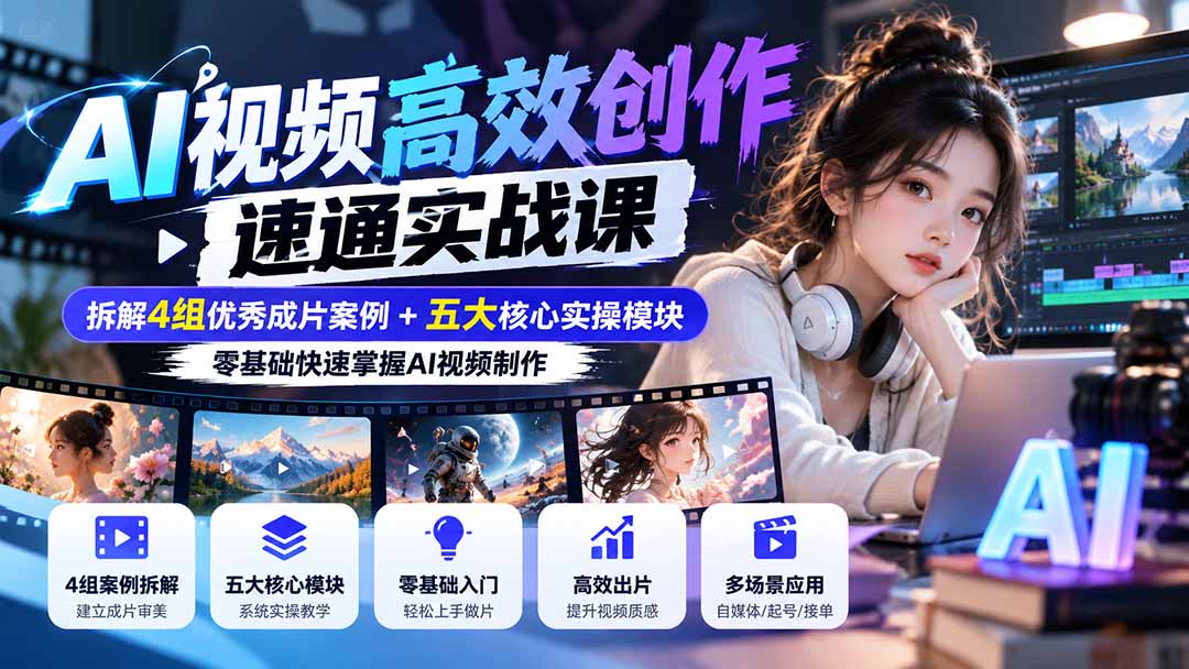 【无水印】AI视频高效创作速通实战课：拆解4组优秀成片案例+五大核心实操模块，零基础快速掌握AI视频制作 - 福创网