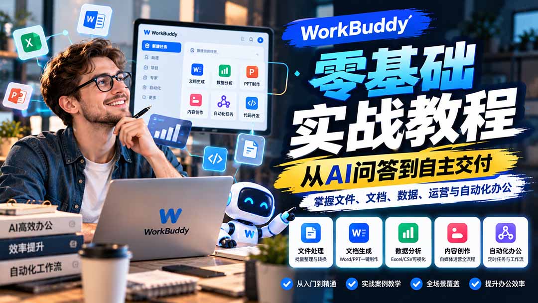 WorkBuddy零基础实战教程：从AI问答到自主交付，掌握文件、文档、数据、运营与自动化办公 - 福创网