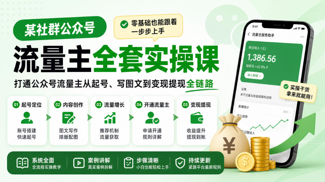 某社群公众号流量主全套实操课，零基础也能跟着一步步上手，打通公众号流量主从起号、写图文到变现提现全链路 - 福创网