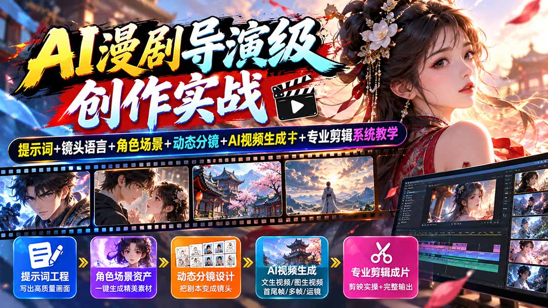 AI漫剧导演级创作实战：提示词+镜头语言+角色场景+动态分镜+AI视频生成+专业剪辑系统教学 - 福创网
