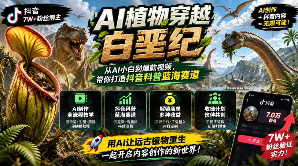 抖音7W粉丝博主的AI植物穿越白垩纪教学，抖音科普蓝海赛道，解锁商单收徒伙伴计划等多种收益 - 福创网