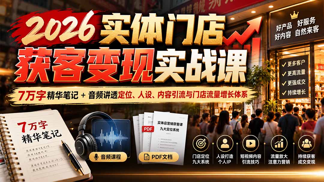 2026实体门店获客变现实战课：7万字精华笔记+音频讲透定位、人设、内容引流与门店流量增长体系 - 福创网