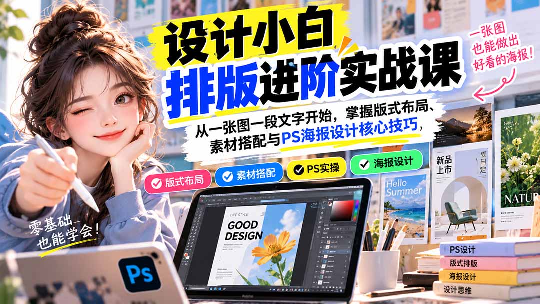 设计小白排版进阶实战课：从一张图一段文字开始，掌握版式布局、素材搭配与PS海报设计核心技巧 - 福创网