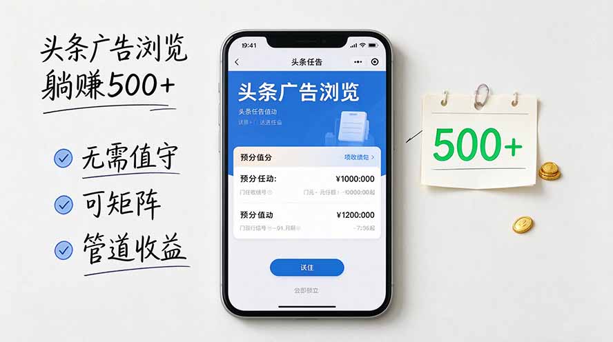 头条广告浏览躺赚500+无需值守，可矩阵并附有管道收益 - 福创网