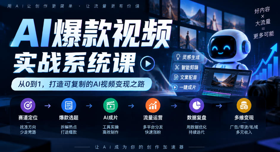 AI爆款视频实战系统课｜赛道定位、爆款选题、AI成片、流量运营、数据复盘、多维变现全链路教学 - 福创网