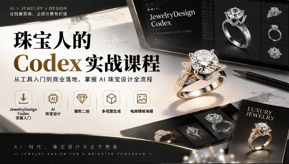 珠宝人的Codex实战课程｜JewelryDesign Codex安装入门、AI珠宝设计、爆款二创、多视图生成、电商精修海报全链路教学 - 福创网