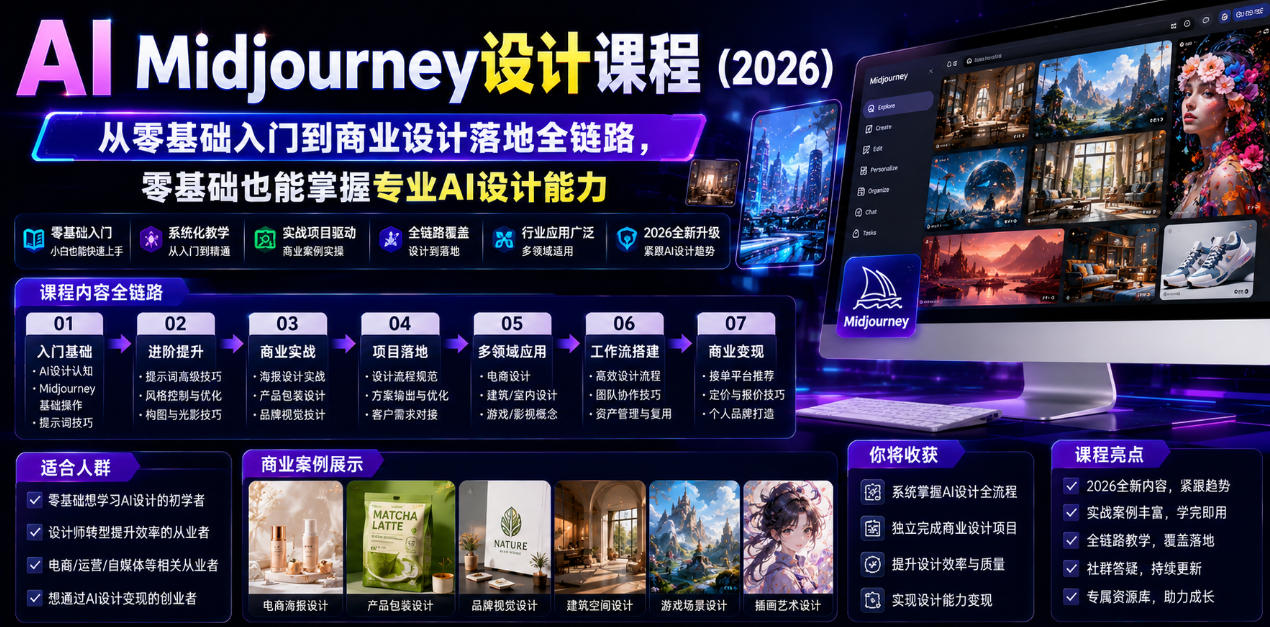 AI Midjourney设计课程(2026)，从零基础入门到商业设计落地全链路，零基础也能掌握专业AI设计能力(更新1007) - 福创网