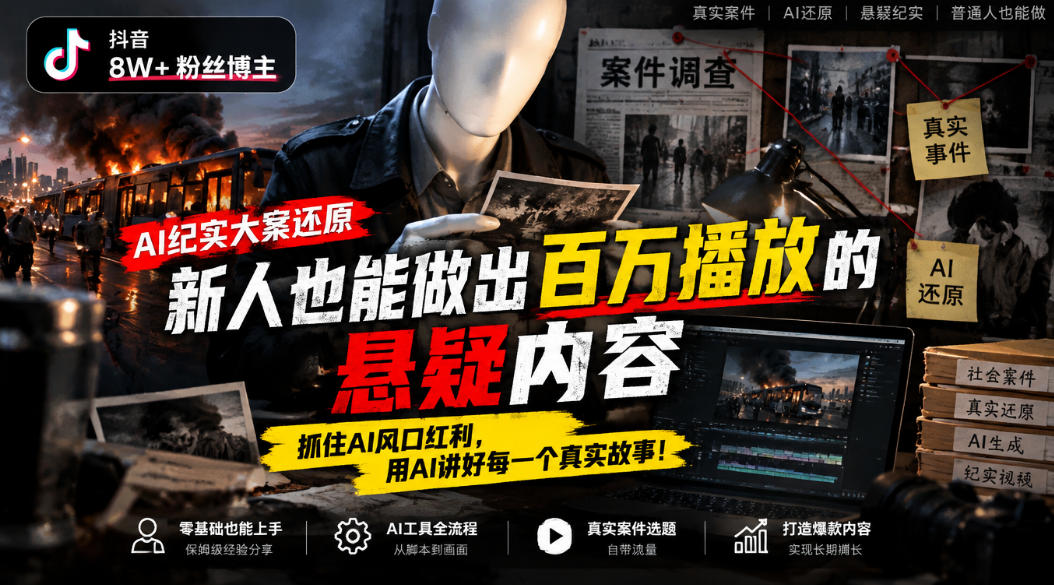 抖音8W粉丝博主的AI纪实大案还原教学，新人也能做出百W播放的悬疑内容，抓住AI风口红利，用AI讲好每一个真实故事 - 福创网