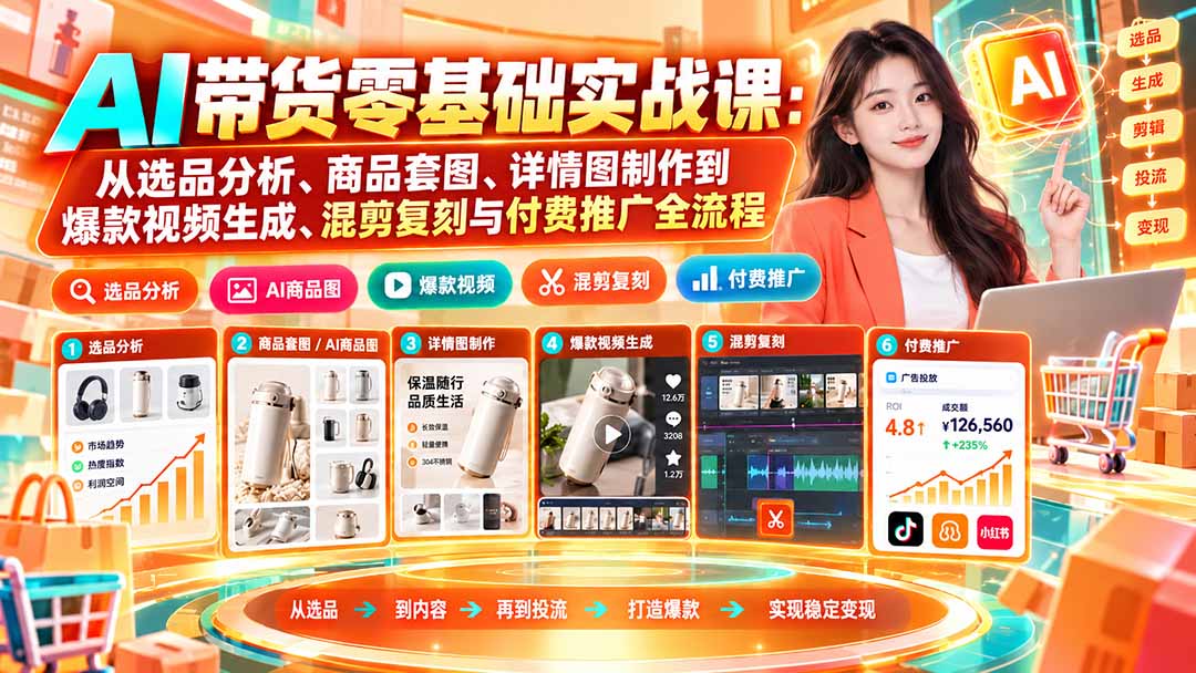 AI带货零基础实战课：从选品分析、商品套图、详情图制作到爆款视频生成、混剪复刻与付费推广全流程 - 福创网