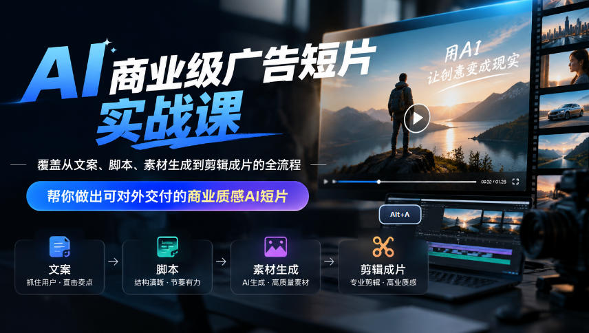 AI商业级广告短片实战课，覆盖从文案、脚本、素材生成到剪辑成片的全流程，帮你做出可对外交付的商业质感AI短片 - 福创网