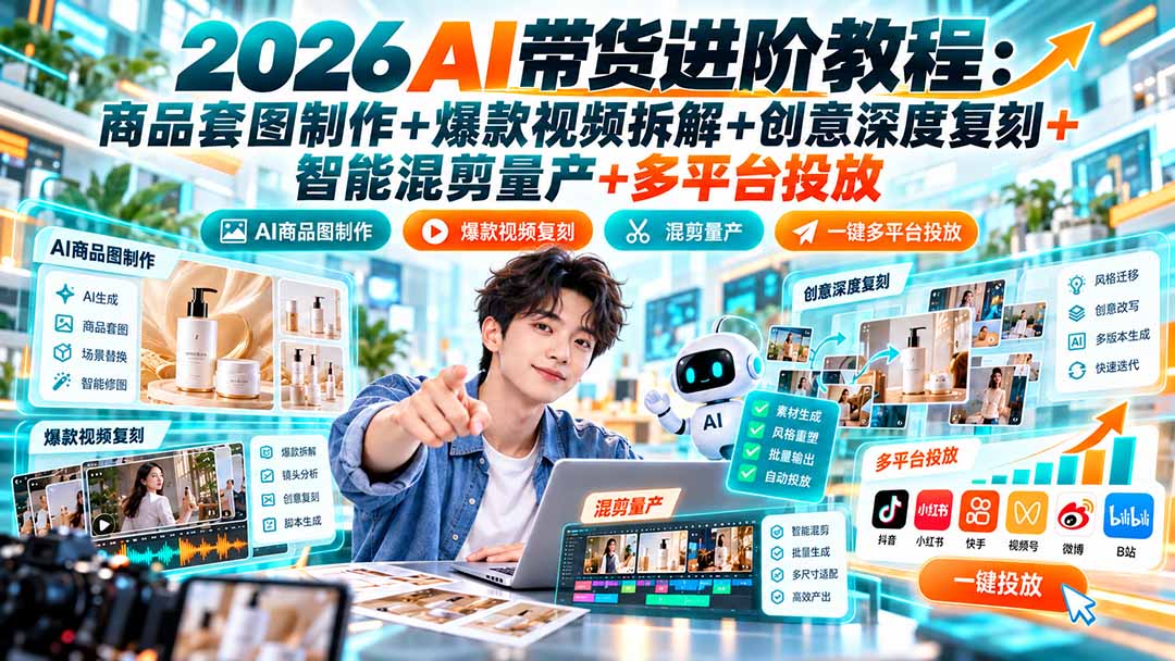2026AI带货进阶教程：商品套图制作+爆款视频拆解+创意深度复刻+智能混剪量产+多平台投放 - 福创网