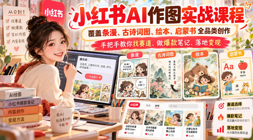小红书AI作图实战课程，覆盖条漫、古诗词图、绘本、启蒙书全品类创作，手把手教你找赛道、做爆款笔记、落地变现(更新1009) - 福创网