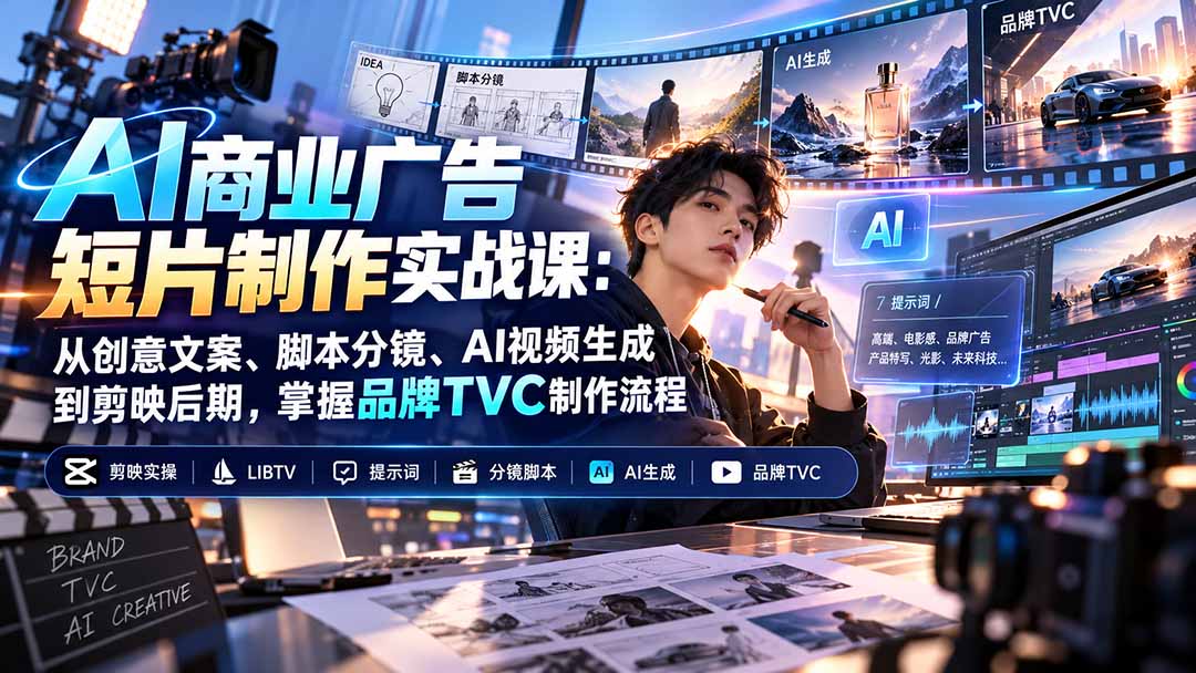 AI商业广告短片制作实战课：从创意文案、脚本分镜、AI视频生成到剪映后期，掌握品牌TVC制作流程 - 福创网