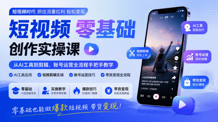 短视频零基础创作实操课，从AI工具到剪辑、账号运营全流程手把手教学，零基础也能做爆款短视频带货变现 - 福创网