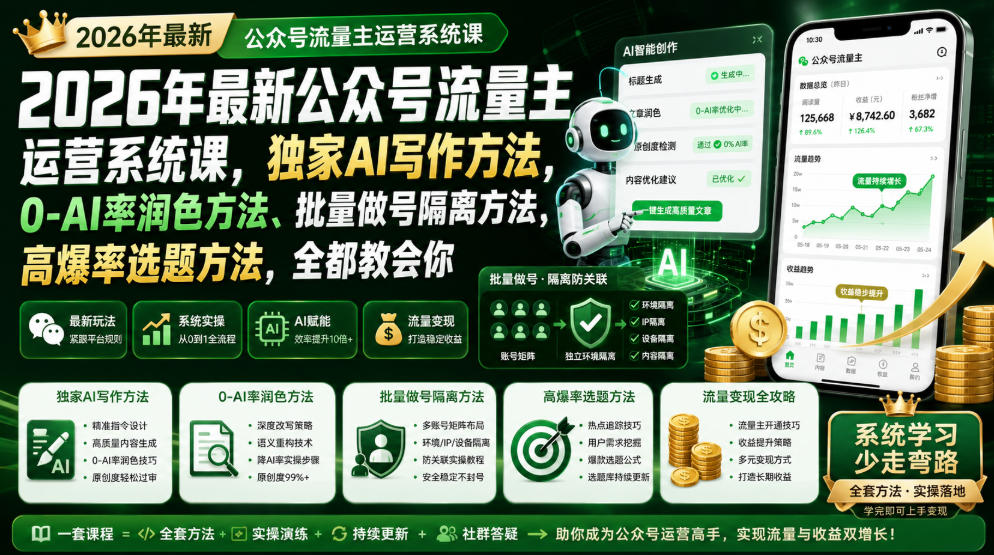 2026年最新公众号流量主运营系统课，独家AI写作方法，0-AI率润色方法、批量做号隔离方法、高爆率选题方法，全都教会你(更新1009) - 福创网