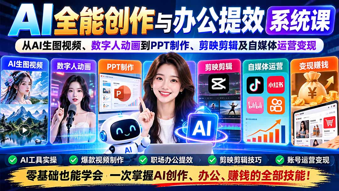 AI全能创作与办公提效系统课：从AI生图视频、数字人动画到PPT制作、剪映剪辑及自媒体运营变现 - 福创网
