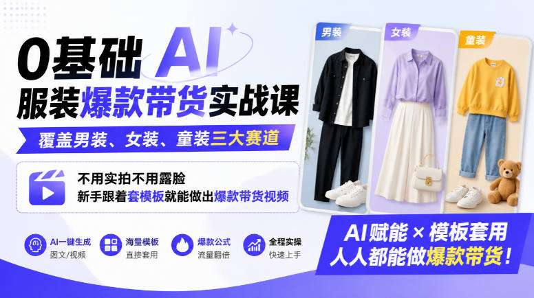 0基础AI服装爆款带货实战课｜覆盖男装、女装、童装三大赛道，不用实拍不用露脸，新手跟着套模板就能做出爆款带货视频(更新1010) - 福创网
