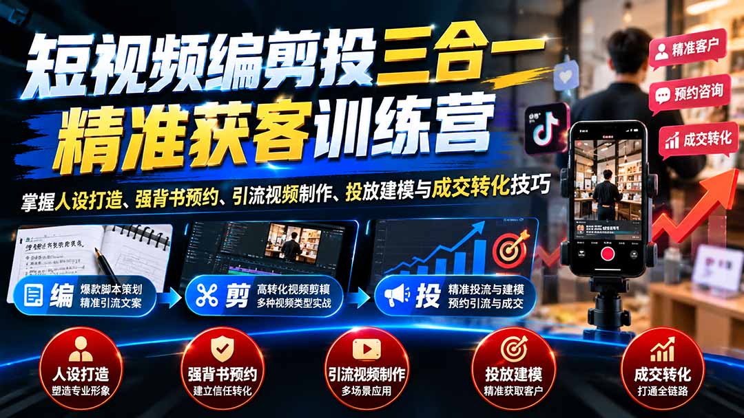 短视频编剪投三合一精准获客训练营：掌握人设打造、强背书预约、引流视频制作、投放建模与成交转化技巧 - 福创网
