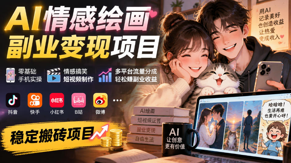 AI情感绘画副业变现项目｜零基础手机实操，情感搞笑短视频制作，多平台流量分成轻松賺副业收益 - 福创网