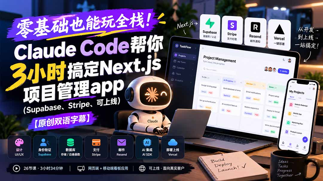 零基础也能玩全栈！Claude Code帮你3小时搞定Next.js项目管理app(Supabase、Stripe、可上线 - 福创网