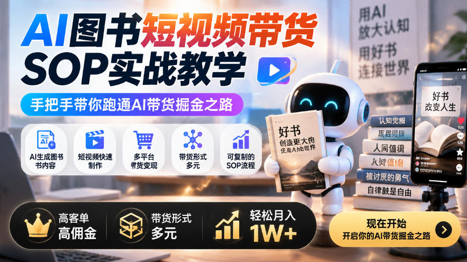 AI图书短视频带货SOP实战教学，手把手带你跑通AI带货掘金之路，高客单高佣金，带货形式多元，轻松月入1W+ - 福创网