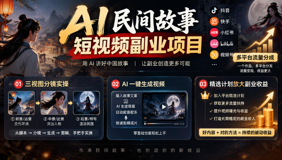 AI民间故事短视频副业项目，多平台流量分成，三视图分镜实操，精选计划放大副业收益 - 福创网