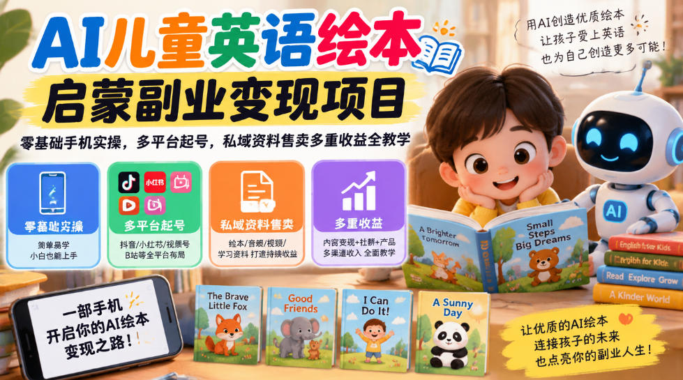 AI儿童英语绘本启蒙副业变现项目，零基础手机实操，多平台起号，私域资料售卖多重收益全教学 - 福创网