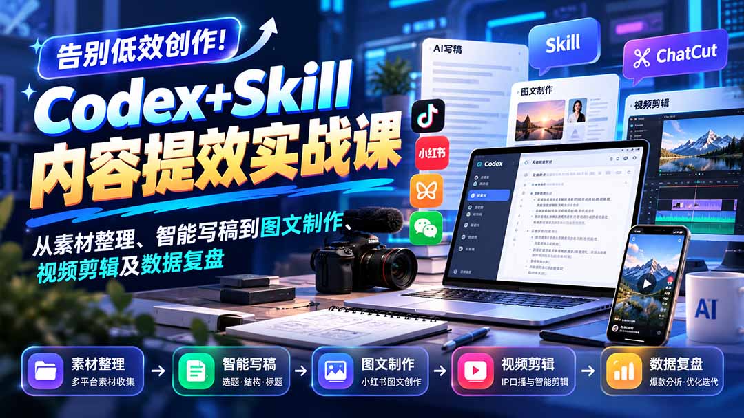 【无水印】告别低效创作！Codex+Skill内容提效实战课：从素材整理、智能写稿到图文制作、视频剪辑及数据复盘 - 福创网