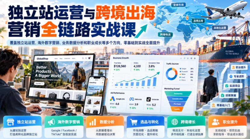 独立站运营与跨境出海营销全链路实战课，覆盖独立站运营、海外数字营销、业务数据分析和职业成长等多个方向，零基础到实战全面提升 - 福创网