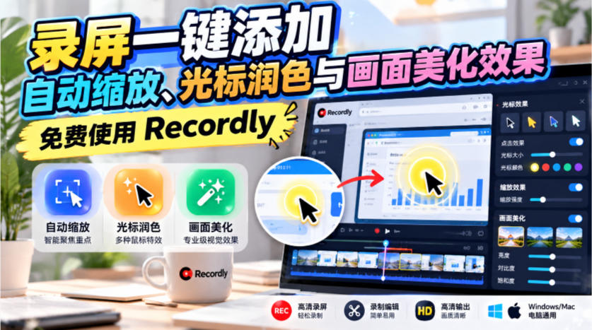 录屏一键添加自动缩放、光标润色与画面美化效果，免费使用Recordly - 福创网