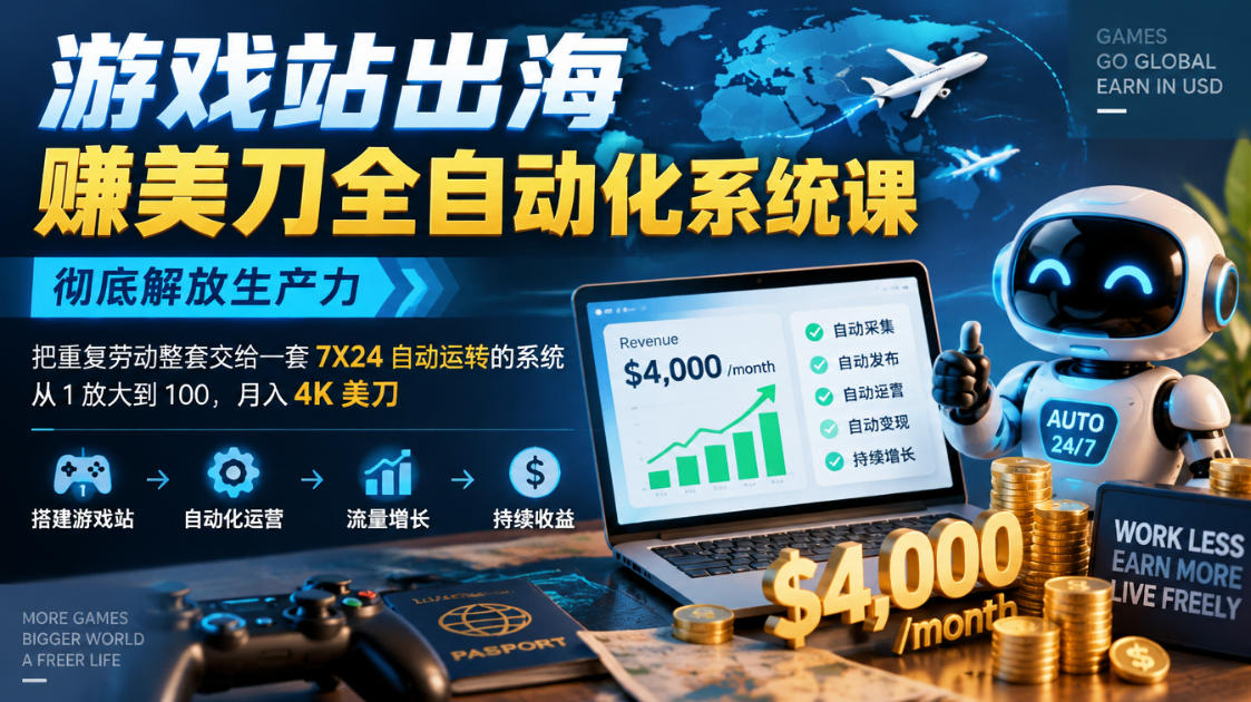 游戏站出海賺美刀全自动化系统课，彻底解放生产力–把重复劳动整套交给一套7X24自动运转的系统，从1放大到100，月入4K美刀 - 福创网