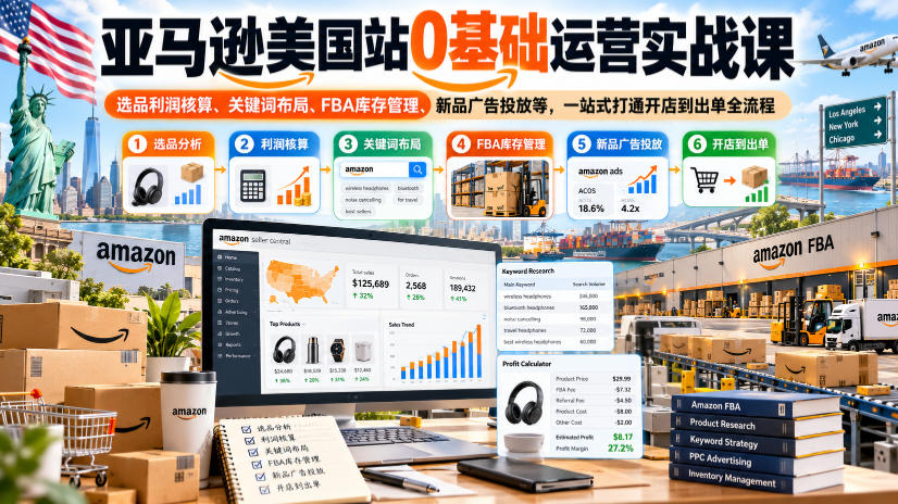 亚马逊美国站0基础运营实战课｜选品利润核算、关键词布局、FBA库存管理、新品广告投放等，一站式打通开店到出单全流程 - 福创网