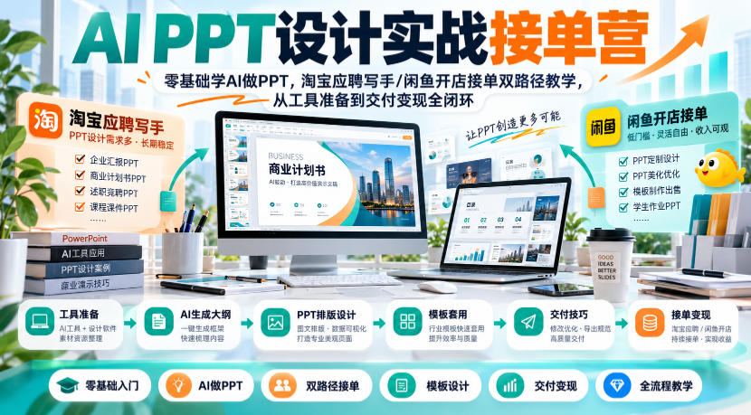 AI PPT设计实战接单营｜零基础学AI做PPT，淘宝应聘写手/闲鱼开店接单双路径教学，从工具准备到交付变现全闭环 - 福创网