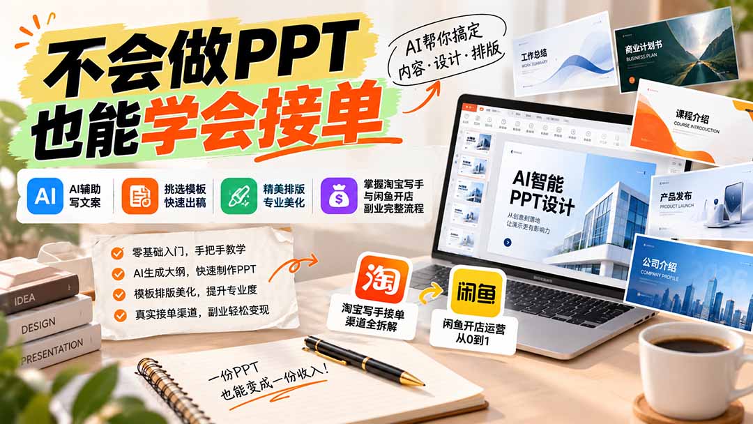 不会做PPT也能学会接单：AI辅助写文案、挑模板、做排版，掌握淘宝写手与闲鱼开店副业完整流程 - 福创网