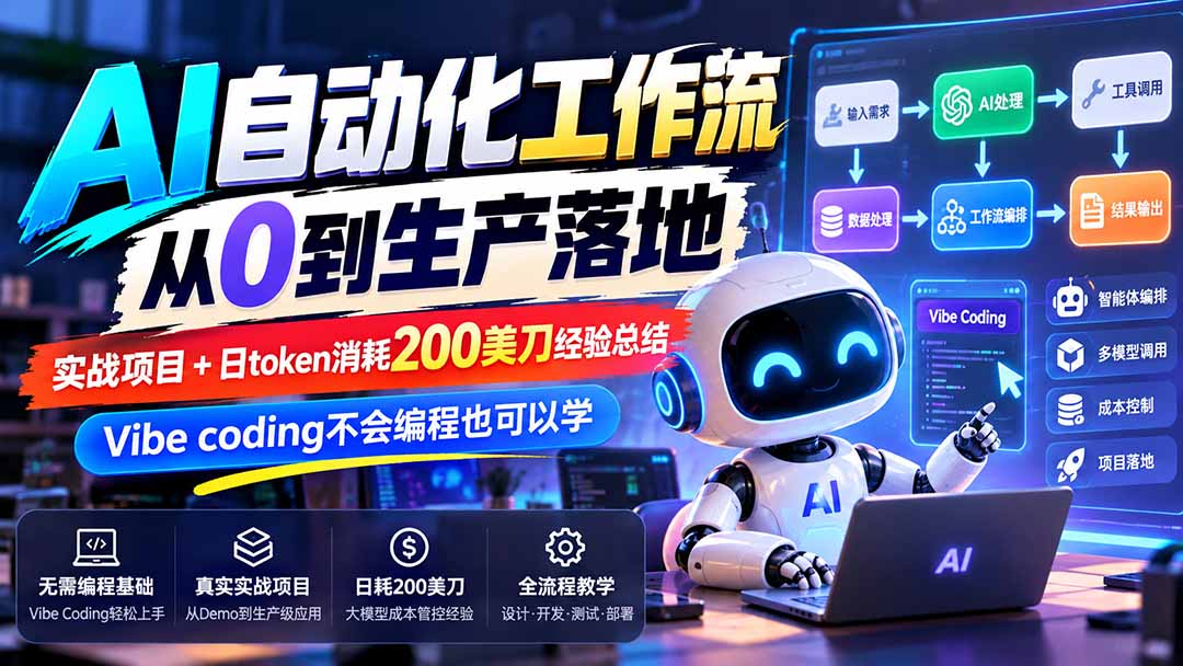 【无水印】AI自动化工作流从0到生产落地，实战项目+日token消耗200美刀经验总结，Vibe coding不会编程也可以学 - 福创网