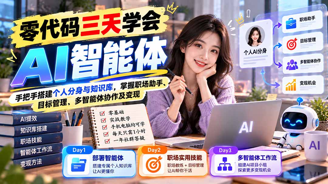 【无水印】零代码三天学会AI智能体：手把手搭建个人分身与知识库，掌握职场助手、目标管理、多智能体协作及变现 - 福创网