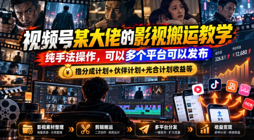 视频号某大佬的影视搬运教学，纯手法操作，可以多个平台可以发布，撸分成计划+伙伴计划+光合计划收益等 - 福创网