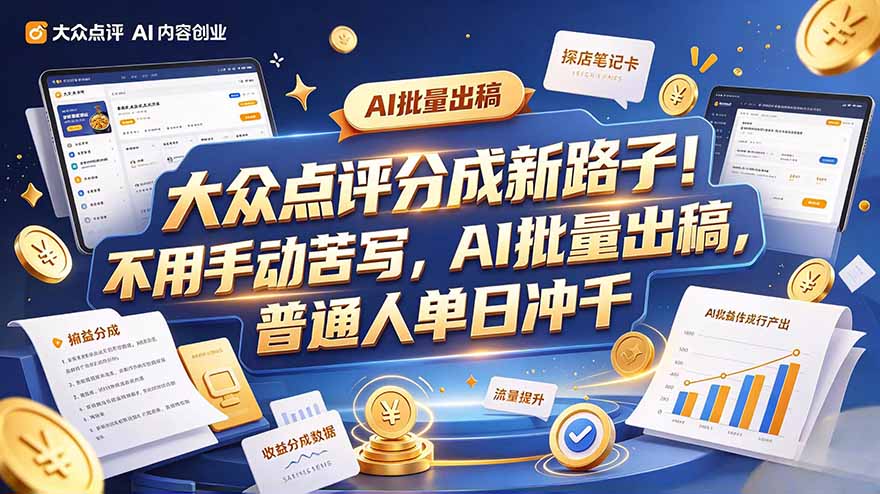 大众点评副业新玩法，工具提效解放双手，批量做笔记，单日可破千 - 福创网