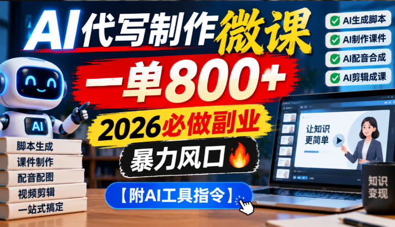 AI代写制作微课，一单800+，2026必做副业，暴力风口【附AI工具指令】【揭秘】 - 福创网