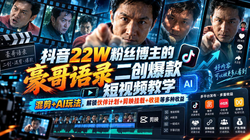 抖音22W粉丝博主的豪哥语录二创爆款短视频教学，混剪+AI玩法，解锁伙伴计划+剪映挂载+收徒等多种收益 - 福创网