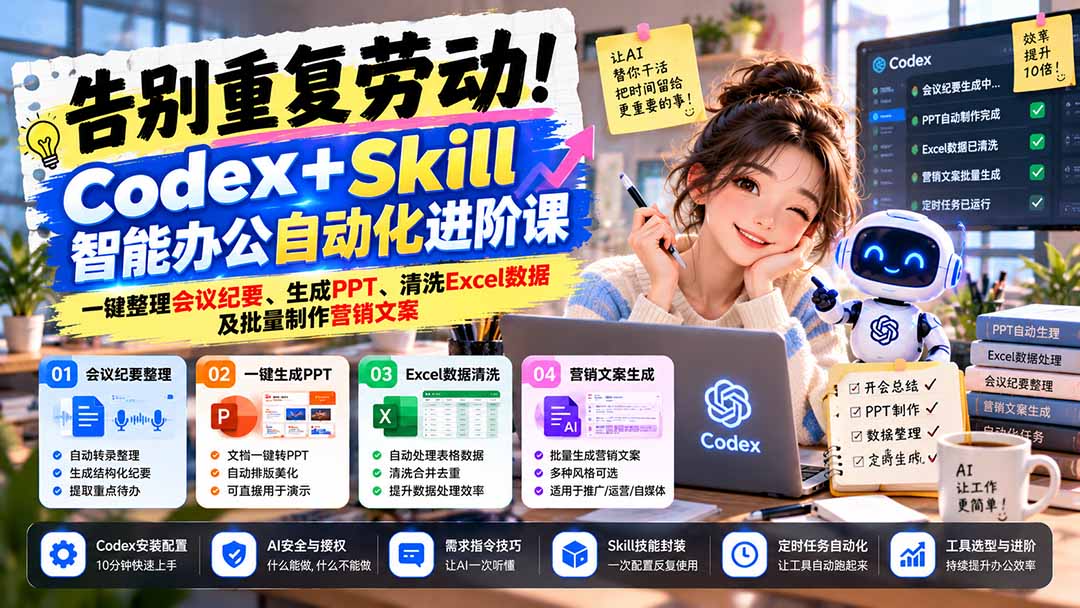 告别重复劳动！Codex+Skill智能办公自动化进阶课：一键整理会议纪要、生成PPT、清洗Excel数据及批量制作营销文案 - 福创网