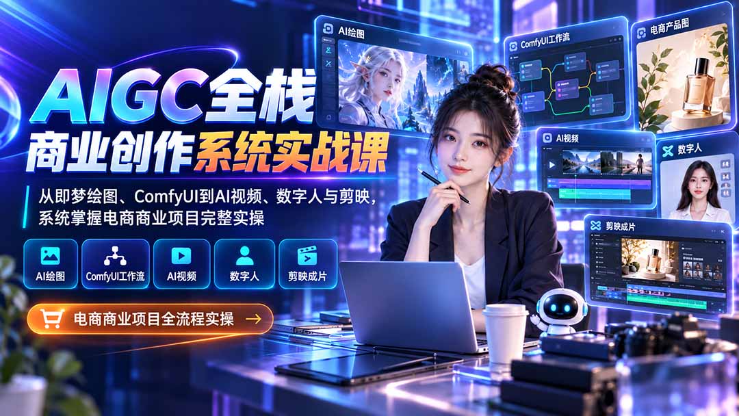 AIGC全栈商业创作系统实战课-更新1017：从即梦绘图、ComfyUI到AI视频、数字人与剪映，系统掌握电商商业项目完整实操 - 福创网