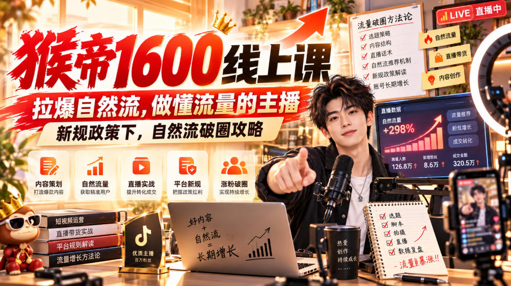 猴帝1600线上课，拉爆自然流，做懂流量的主播，新规政策下，自然流破圈攻略【更新261017】 - 福创网