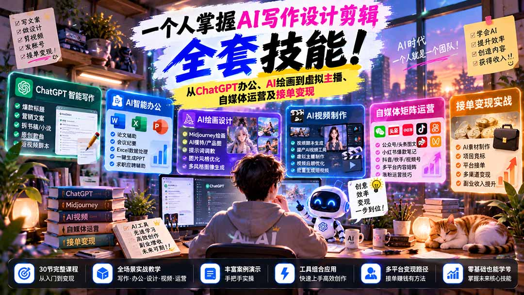 一个人掌握AI写作设计剪辑全套技能：从ChatGPT办公、AI绘画到虚拟主播、自媒体运营及接单变现 - 福创网